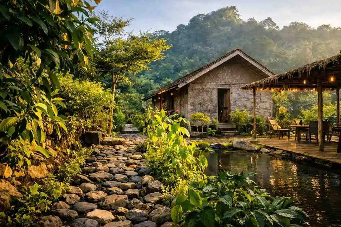 Traditional bamboo house at Farmstay Manangel with rice field view