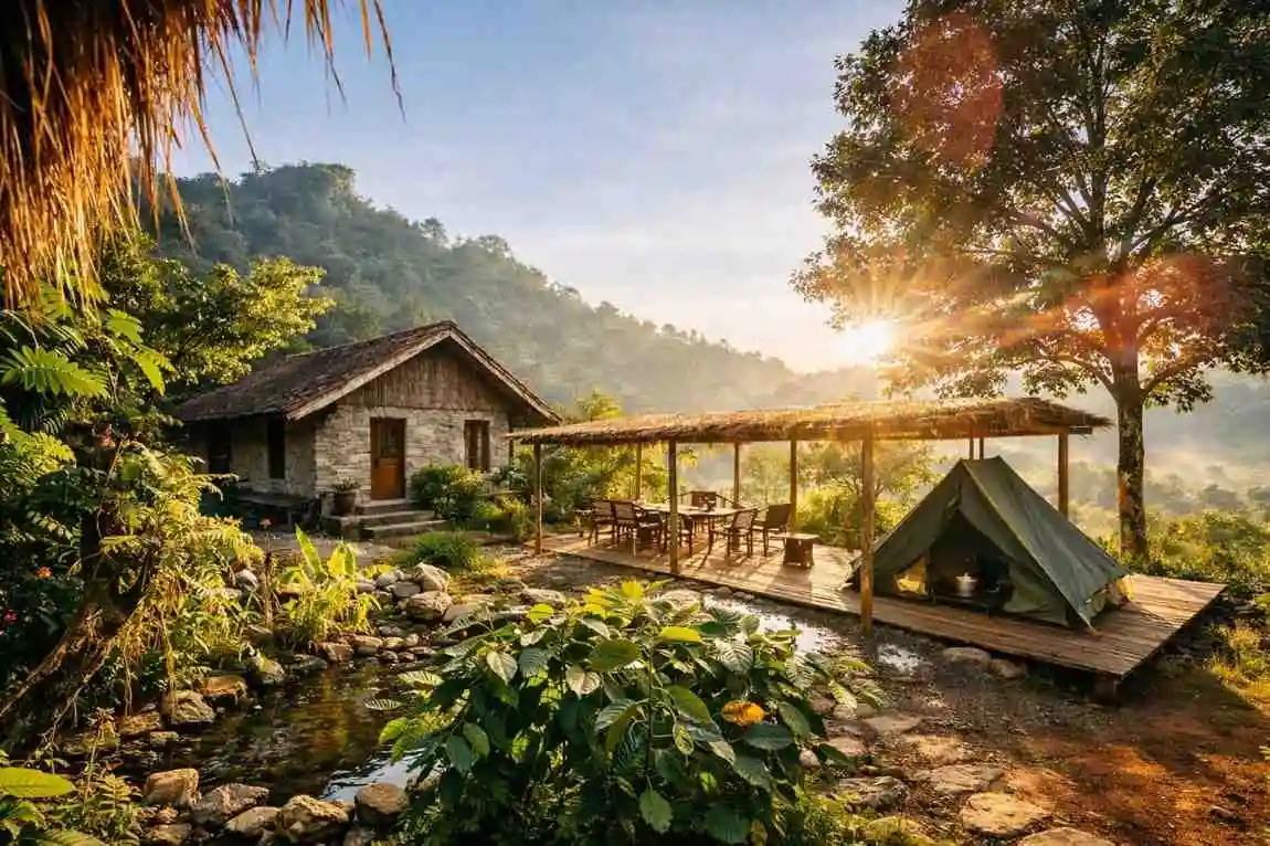 Farmstay in Cianjur surrounded by rice fields and mountain scenery